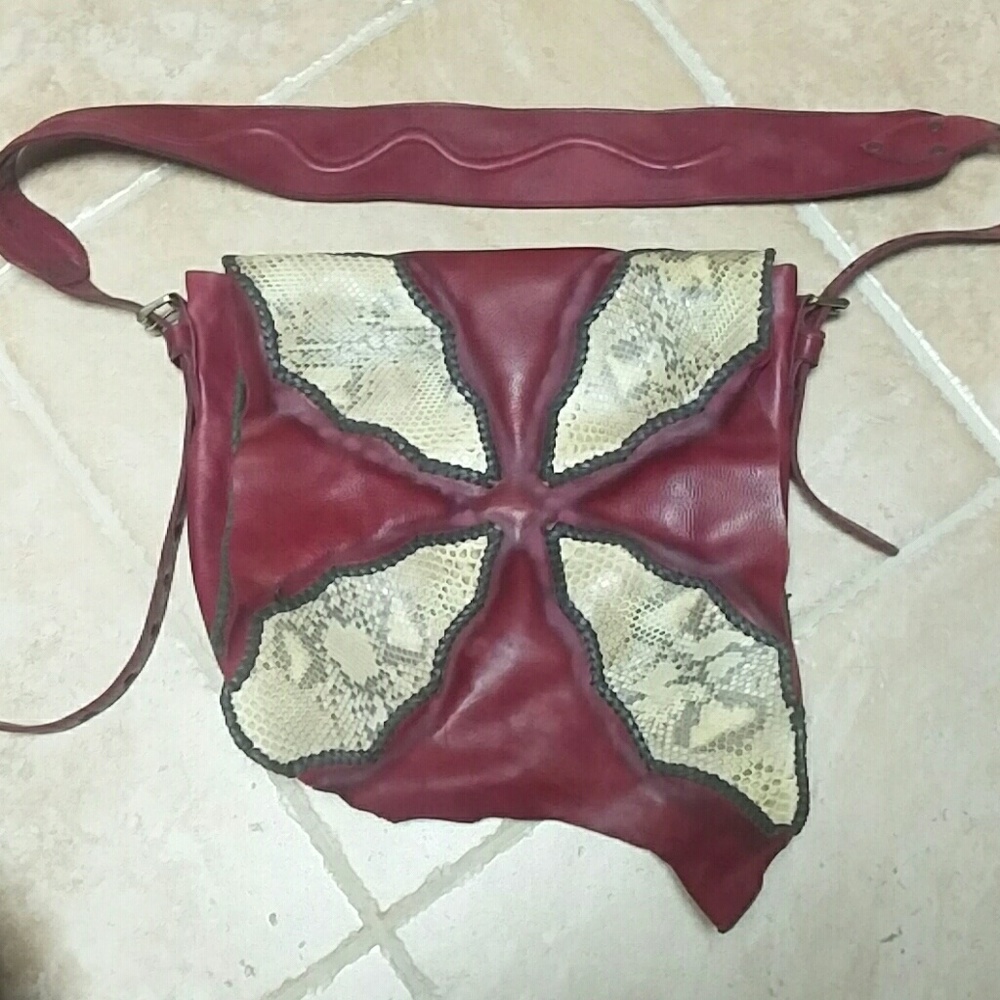 Snake and leather messenger bag